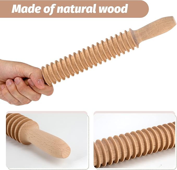 Beech Wood 7mm Fettuccine Pasta Cutter Noodle Lattice Roller Docker Dough Cutter Wooden Rolling Pin Spaghetti Pasta Maker Beechwood Noodle Cutter Rolling Pin Kitchen Cooking Tools