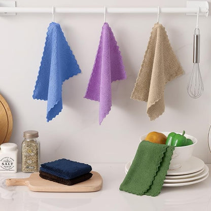 Kitinjoy 24 Pack Kitchen Dish Cloths, Super Soft and Absorbent Dish Cloths, Coral Velvet Microfiber Cleaning Cloth (7" x 9", Tan/Sky Blue/Navy Blue/Brown/Grass Green/Purple)