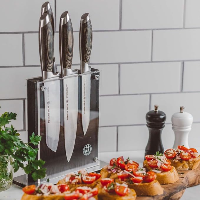 Schmidt Brothers - Bonded Ash 7-Piece Kitchen Knife Set, High-Carbon German Stainless Steel Cutlery, Ash Finish Wood Handles and Clear Acrylic Magnetic Knife Block