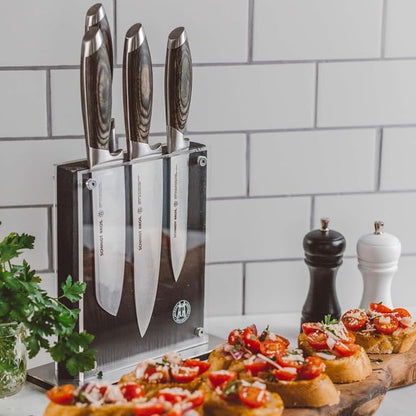 Schmidt Brothers - Bonded Ash 7-Piece Kitchen Knife Set, High-Carbon German Stainless Steel Cutlery, Ash Finish Wood Handles and Clear Acrylic Magnetic Knife Block