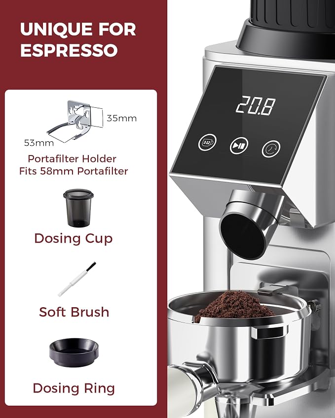 Tuni G1 Silver Conical Burr Coffee Grinder with Black Digital Coffee Scale, 48 Grind Settings Anti-static Coffee Bean Espresso Grinder for Espresso/Drip/Cold Brew/French Press