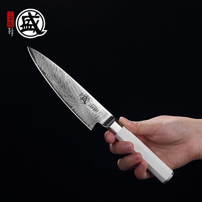 MITSUMOTO SAKARI 5.6-Inch Japanese Paring Knife, Hand Forged Damascus VG-Pro Steel Core Petty Knife, Precision Peeling & Detail Cutting for Fruits & Veg