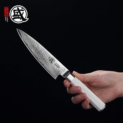 MITSUMOTO SAKARI 5.6-Inch Japanese Paring Knife, Hand Forged Damascus VG-Pro Steel Core Petty Knife, Precision Peeling & Detail Cutting for Fruits & Veg