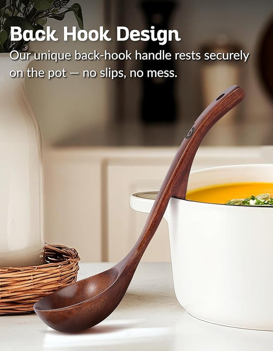 Soup Ladle - Luxury Teak Wood Ladle Set of 3 – Chef-Grade, Eco-Friendly Wooden Cooking Utensils with Reinforced Neck Joint & Anti-Slip Notch Handle – Multi-Size, Gift-Ready Ladle Spoons Set
