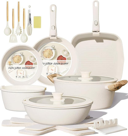 BECIGAR 23PCS Ceramic Pots and Pans Set,Nonstick, Removable Handle Pots and Pans Set, Stackable Pan Set, Ceramic Nonstick Pan Non Stick for Easy Cooking