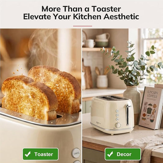 Toasters 2 Slice Retro Stainless Steel Toasters with Bagel, Cancel, Defrost Function and 6 Bread Shade Settings Bagel Toaster, Beige
