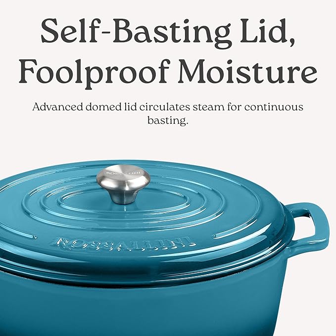 ROSSALLINI Signature Enameled Cast Iron Oval Dutch Oven | Non-Stick Serving Pot with Tight Fitting Lid for Perfect Roasting, Baking, Sauteing, and Bread Making | 6.75Q [Indigo Blue]
