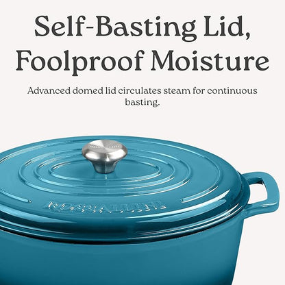 ROSSALLINI Signature Enameled Cast Iron Oval Dutch Oven | Non-Stick Serving Pot with Tight Fitting Lid for Perfect Roasting, Baking, Sauteing, and Bread Making | 6.75Q [Indigo Blue]