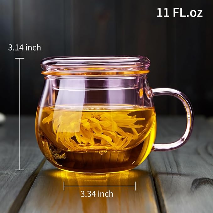 DOPUDO 11oz Pink Glass Tea Cup with Infuser and Lid– Versatile and Elegant Gift for Women, Perfect for Loose Leaf Tea and Other Beverages.