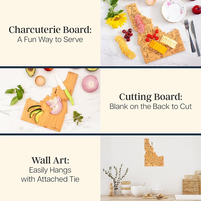 Totally Bamboo Destination Idaho Shaped Cutting Board – Bamboo Charcuterie and Serving Board with Hang Tie for Wall Display