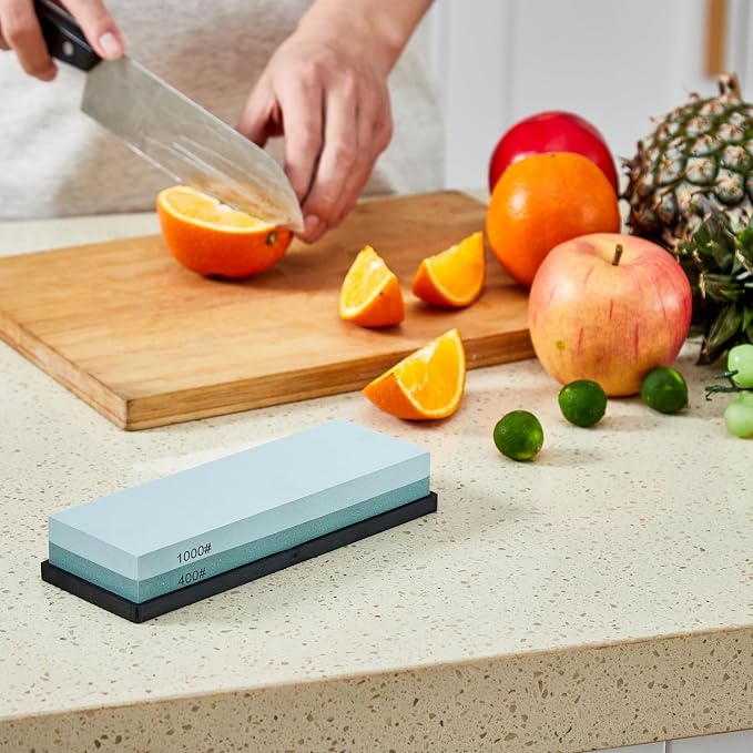 HiramWare Knife Sharpening Stone with Non-slip Rubber Base, 400/1000 Grit Premium Whetstone, Double-Sided Knife Sharpener for Kitchen, Waterstone for Honing Blades Manually