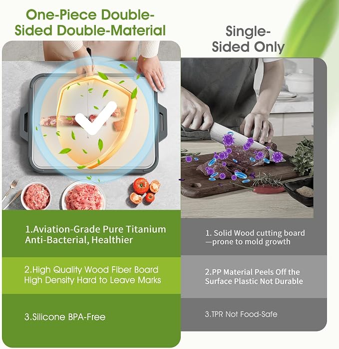 Titanium Cutting Board for Kitchen, Double Sided Pure Titanium and Wood Fiber Cutting Board with Juice Groove, Food Grade Material, for Chopping Meat/Vegetables/Fruit Dishwasher Safe 16"×11"