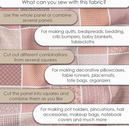 Cotton Satin Patchwork Fabric Panel – 35 Designs, 20×20 cm Squares, Single Piece 150×110 cm, Blush Pink Quilt Fabric (Peach Tones Geometric & Floral Set, 35pcs 8x8 inch)