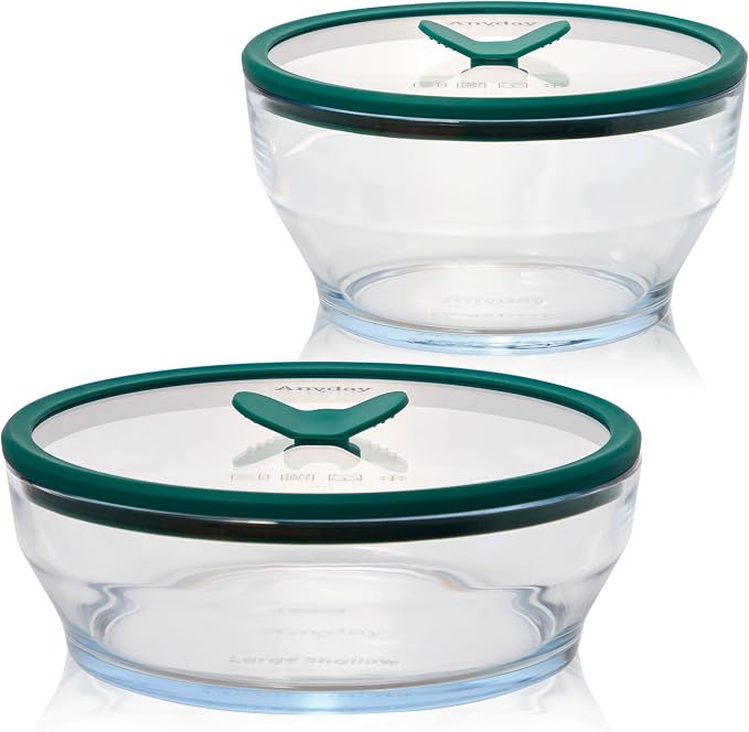 Anyday 4-Piece Large Glass Food Storage with Glass Lids | Plastic-Free Meal Prep & Microwave Cookware | Stackable Airtight Storage Container with Vented Lid for Microwave-Safe Reheating
