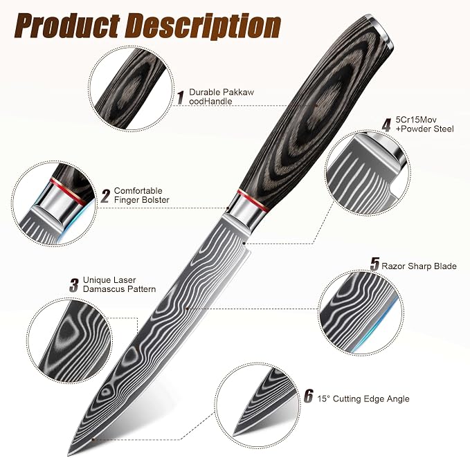 1 PCS Damascus Knife Set – 67-Layer High-Carbon Steel, Pro Chef/Slicing/Utility/Paring Knives & Cleaver, Rosewood Handle, for Home/Pro Chefs