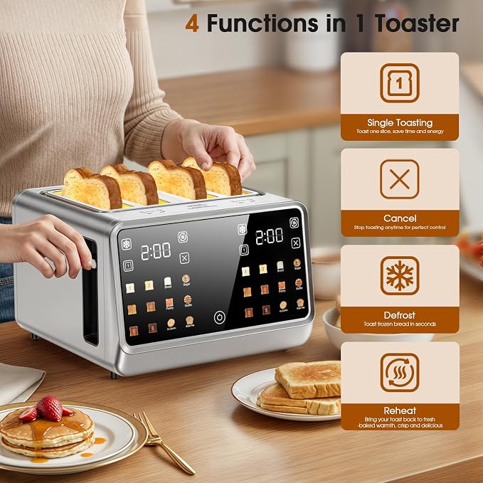 4 Slice Toaster Wide Slot with Dual Digital Touchscreen, 1800W Smart Toaster Stainless Steel Independent Control Panel, Single Slot Mode Timer for Bagels Bread, 6 Toast Shades
