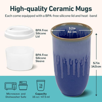 NOVA CERAMICS Ceramic Tumbler– Blue Ceramic Mug – Microwave & Dishwasher Safe Coffee White & Orange Tumbler - Leak-Proof Coffee Travel Mug – 16oz – Neptune