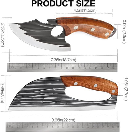 2 Pcs Meat Cleaver Knife Set, Effort Saving Meat Cleaver for Cutting Meat Vegetable, Sharp Carbon Steel Cooking Viking Knife with Leather Sheath for Kitchen, Camping, Outdoor Cooking, BBQ Gift