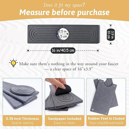 Faucet Mat for Kitchen Sink, 16'' Diatomite Sink Protector Splash Guard Draining Mat, Quick Drying Stone Sink Tray, Water Absorbent Soap Sponge Holder for Bathroom, Women Men Birthday Gift, Dark Gray