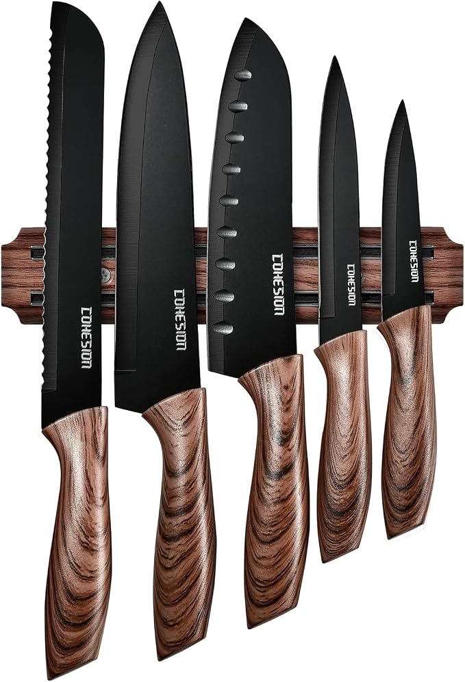 Cohesion 5 PCS Kitchen Knife Set with Magnetic Knife Holder for Wall, Ultra Sharp Chef Boxed Knife Set With Sheathes for Multipurpose Cooking with Ergonomic Handle