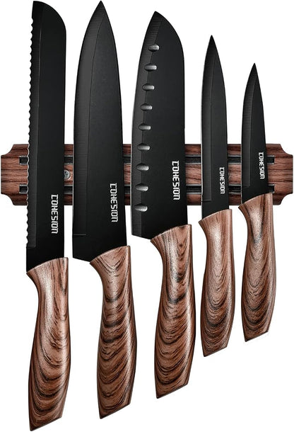 Cohesion 5 PCS Kitchen Knife Set with Magnetic Knife Holder for Wall, Ultra Sharp Chef Boxed Knife Set With Sheathes for Multipurpose Cooking with Ergonomic Handle
