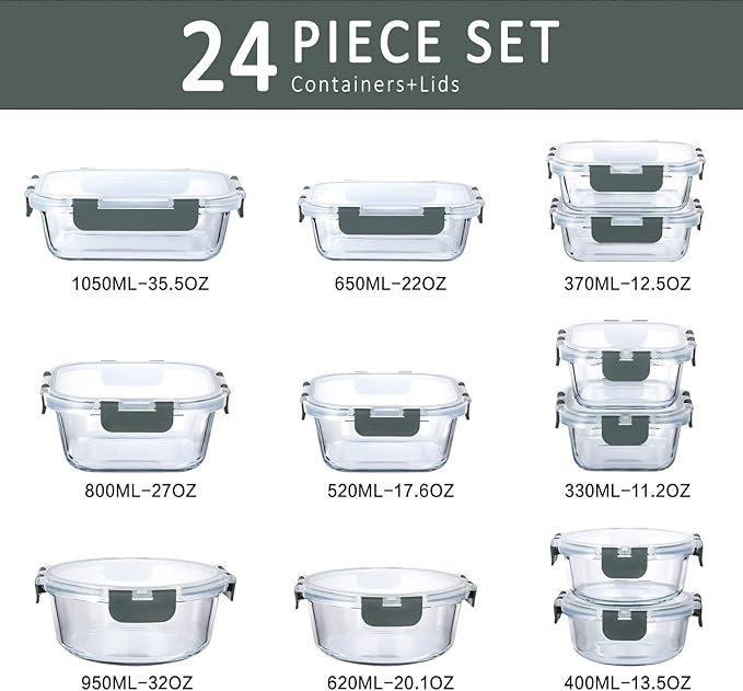 M MCIRCO 36 oz 3 Compartments Glass Meal Prep Containers set of 5 and 24Pcs Glass Food Storage Containers Set
