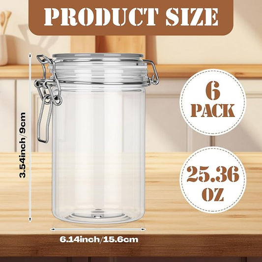 Suclain 6 Pcs 25 Oz/750 ml Plastic Storage Jars with Airtight Hinged Lids, Clear Wide Round Mouth Food Storage Containers Empty Bottles Sealed Jars for Home Kitchen Candy Herbs Spices Coffee Nuts