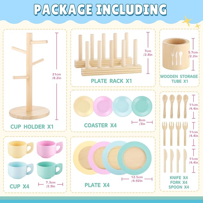 GAGAKU Kids Wooden Play Dishes Set -27Pcs Montessori Play Kitchen Accessories Plates and Bowls Set, Storage Stand & Play Food, Pretend Cooking Toys for Ages 3-5, Educational Gift for Toddler