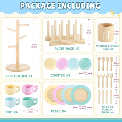 GAGAKU Kids Wooden Play Dishes Set -27Pcs Montessori Play Kitchen Accessories Plates and Bowls Set, Storage Stand & Play Food, Pretend Cooking Toys for Ages 3-5, Educational Gift for Toddler