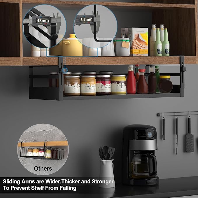 AmonHouseware 2Pack Under Shelf Basket Organizer, Adjustable Under Cabinet Shelf Storage, Hanging Holder Length Stretchable 13-21Inch for Kitchen Pantry Desk Counter Bookshelf Cupboard (Black)