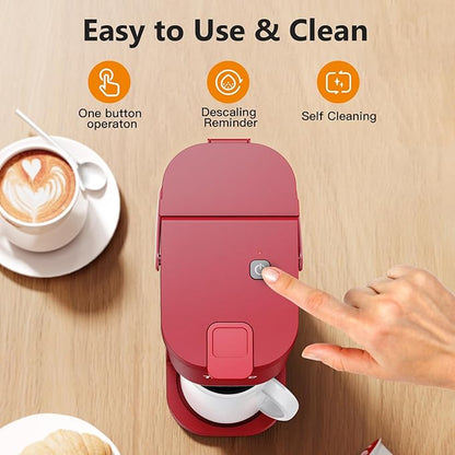 Tastyle K302 Single Serve One Cup Coffee Maker, for K Cups and Grounds, Mini Coffee Maker with Portable Handle, 6 to 12 Oz Brew Size, for Travel, Camping, Office, RV and Dorm, 120V, Vintage Red
