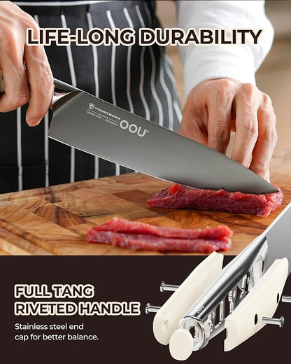 OOU 8 Inch Chef Knife, German 1.4116 Stainless Steel Kitchen Knife, Gunmetal Blade with AgShield & TinSharp Finish, Balanced ABS Handle, Sharp Cooking Knife for Meat, Vegetables and Daily Prep