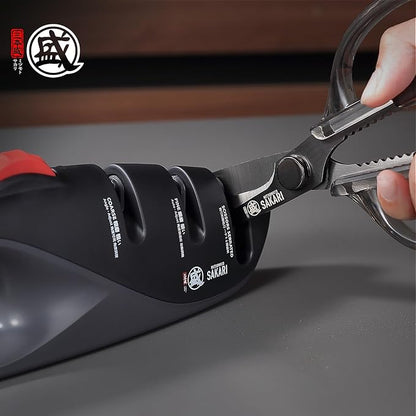 MITSUMOTO SAKARI 3-Stage Adjustable Kitchen Knife Sharpener, Scissors Slot | 12°-22° angle guide, coarse and fine slots, scissors slot, ceramic and carbide abrasives for knives and shears