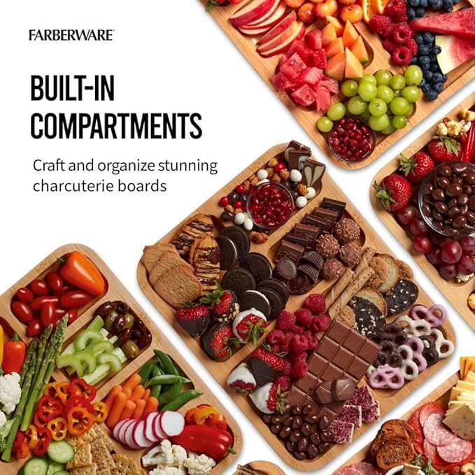 Farberware Build-A-Board Bamboo Cutting Board with Built-In Compartments & Clear Locking Lid, Black Handles, Charcuterie, Snack Tray, Food Prep and Serving Platter