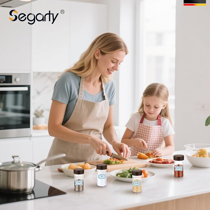 Segarty 3oz Spice Jar with Wood Lids, 6 Pack 90ml Glass Round Condiment Jars with Lids, Clear Empty Seasoning Containers Cereal Containers Storage Set, Small Spices Bottles with 7 Stickers, 1 Brush