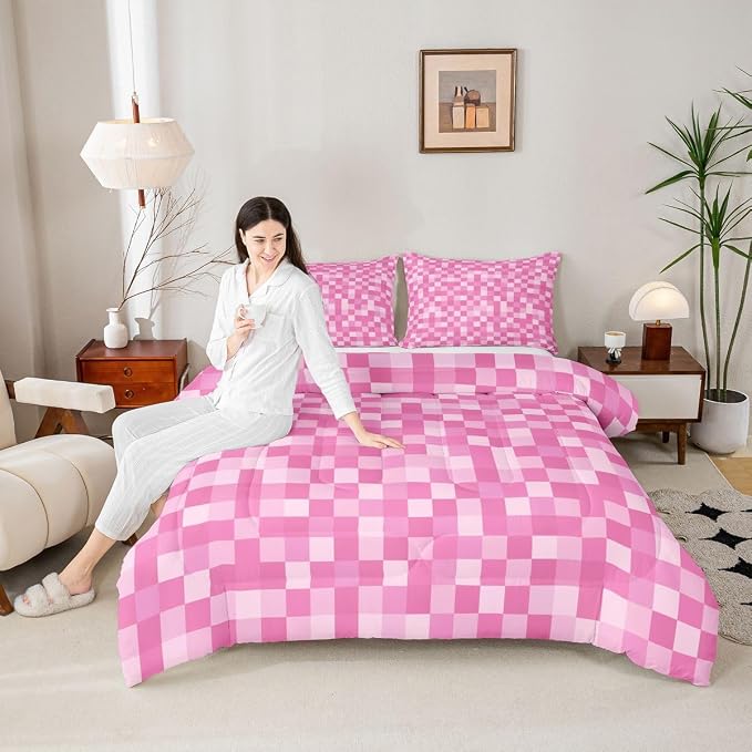 Manfei Pixelated Style Kids Comforter Toddler Size,Geometric Square Grid Quilt Set for Kids Boys Girls Bedroom Decor,Video Games Miners Bedding Set,Pink Duvet Insert,1 Pillowcase