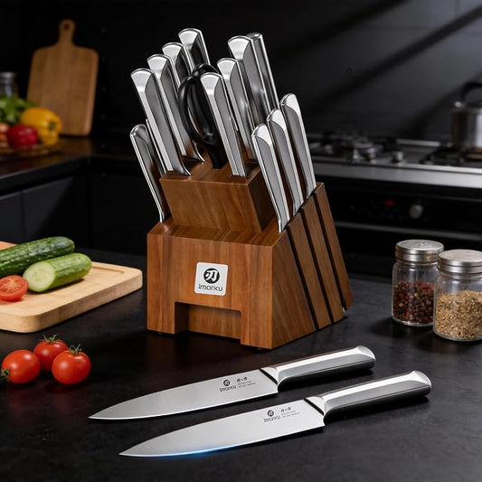 imarku Knife Set, Kitchen Knife Set with Block & Sharpener, 16PCS Japanese High Carbon Stainless Steel Ultra Sharp Knife Block Set, Ergonomic Non-Slip Handle, Dishwasher Safe, Perfect Gifts