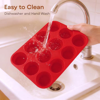 Silicone Muffin Pans for Baking Nonstick 2 Pcs, 12 Cup Regular Cupcake Pan, Food-Grade Silicone Baking Molds for Cupcakes, Egg Bites, Freezer, Red