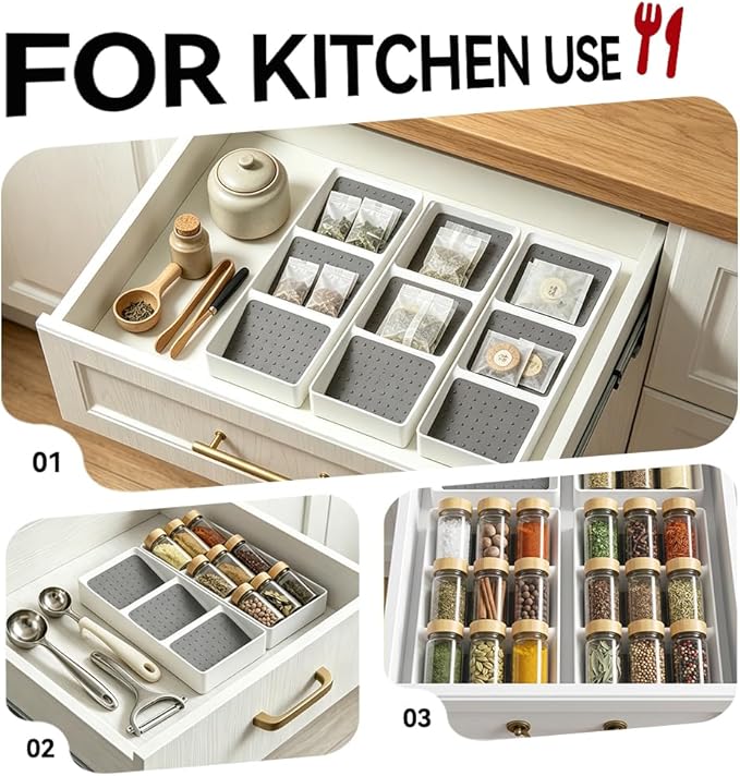 Spice Drawer Organizer,4 Pack,3 Tier Non-Slip Silicone Seasoning Jar Drawer Insert,Spice Rack Organization for Drawer,Kitchen Spice Rack Tray for Cabinet Countertop Makeup Storage