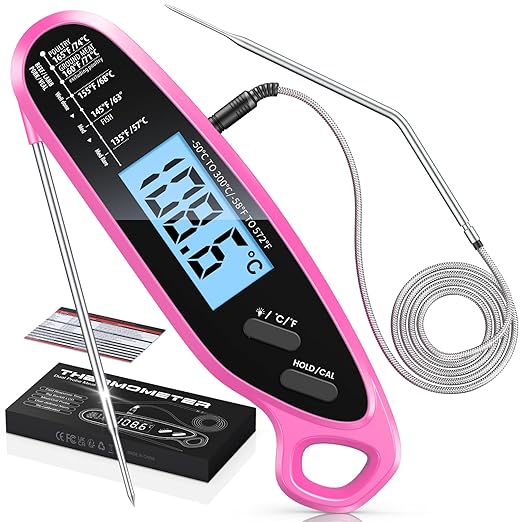 Instant Read Meat Thermometer Digital with Dual Probe & Large Backlit, Food Thermometer for Cooking & Grilling, for Candy/Baking/Oven/BBQ/Grill/Smoker, Pink Kitchen Accessories, Gifts for Women