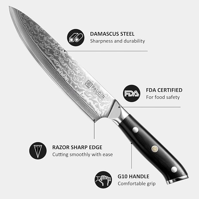 PAUDIN Damascus Chef Knife, 8 Inch Kitchen Knife, 67 Layers Damascus Steel Knife Japanese VG10 Core, Non-slip Ultra Sharp Chefs Knife with Ergonomic G10 Handle