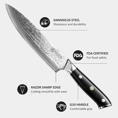 PAUDIN Damascus Chef Knife, 8 Inch Kitchen Knife, 67 Layers Damascus Steel Knife Japanese VG10 Core, Non-slip Ultra Sharp Chefs Knife with Ergonomic G10 Handle