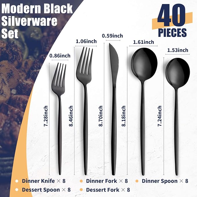 40 Piece Black Silverware Set, Stainless Steel Flatware Cutlery Set Service for 8 Including Forks Spoons Knives,Kitchen Utensil Set,Tableware for Home and Restaurant, Dishwasher Safe