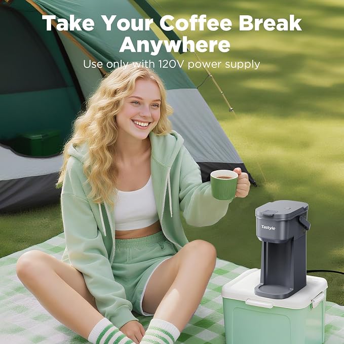 Tastyle K302 Single Serve One Cup Coffee Maker, for K Cups and Grounds, Mini Coffee Maker with Portable Handle, 6 to 12 Oz Brew Size, for Travel, Camping, Office, RV and Dorm, 120V, Cool Gray