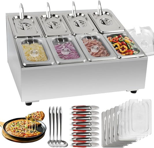 Pizza Topping Station Pizza Storage Container Topping containers with Lids Spoon Condiment Organizers Buffet Containers Set for Restaurant Pizza Sauce Jam Fruit Ingredient Pantry (8 Pans)