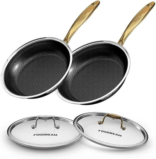 FogDream 10" 11" Stainless Steel Frying Pan with Lid, Honeycomb Hybrid Nonstick Skillet for Induction & All Cooktops, PFAS/PFOA/PTFE Free, Oven Safe to 500°F, Stay-Cool Handle, Dishwasher Safe, Gold
