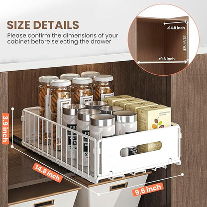 4 Pack Pull Out Cabinet Organizer, Heavy Duty Slide Out Drawer with No Drill Adhesive or Screw Mount, Carbon Steel Roll Out Shelf for Kitchen Cabinet, Pantry & Bathroom Storage