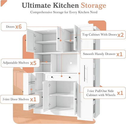 VilroCaz Farmhouse Style Large Kitchen Pantry with Hutch, Freestanding Wood Storage Cabinet Cupboard with Pull-Out Side Cabinet, Door Shelves and Drawer (White-6.10)