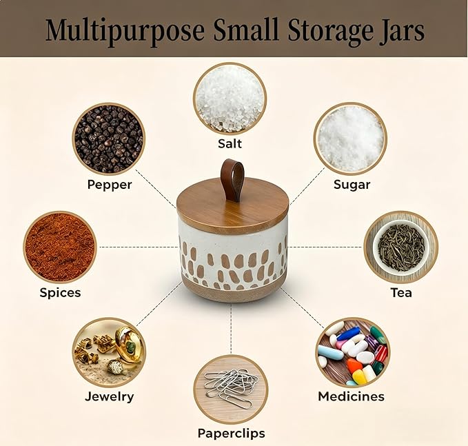 Small Canister 5 fl.oz Kitchen Salt Cellar, Ceramic Jar with Airtight Lid Spice Pepper Butter Food Storage Jar for Matcha Mints Sugar Coffee Daily Vitamins Tooth Powder Decorative Jars (White)