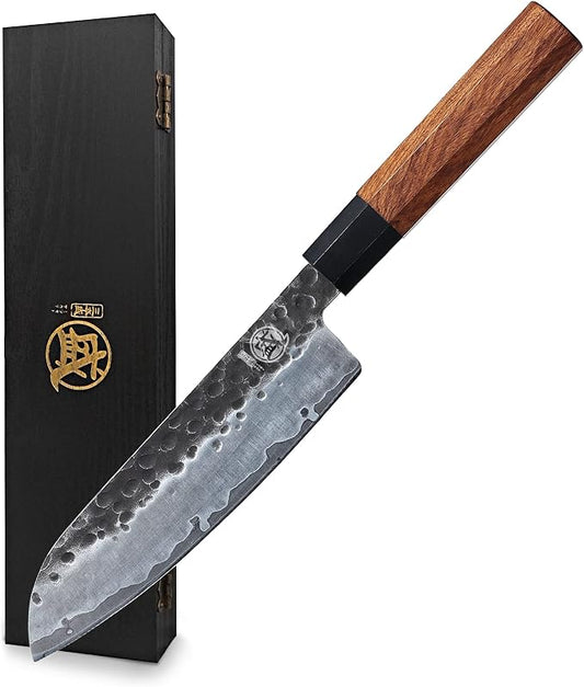 MITSUMOTO SAKARI 7-Inch Japanese Santoku Knife | Wide Santoku blade, 7-inch control, hand forged 3-layer 9Cr18MoV steel, rosewood handle